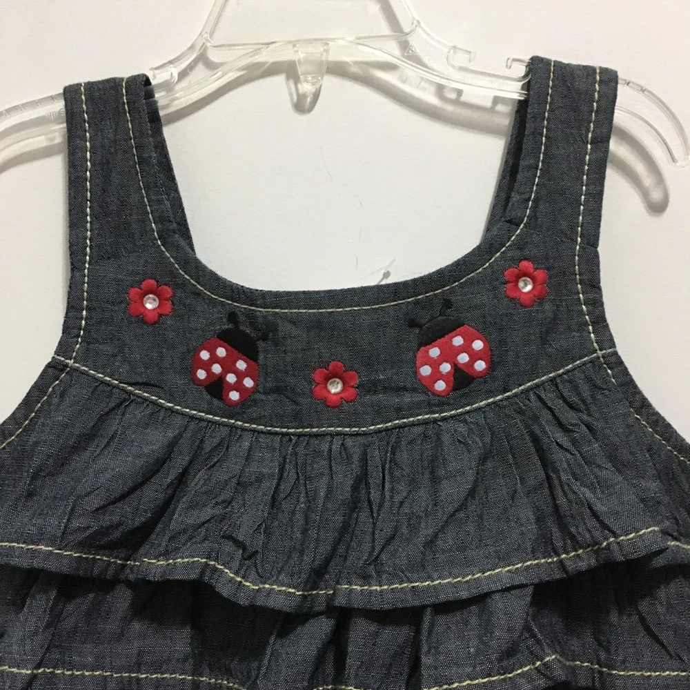 🆕 Gymboree Denim Sleeveless Romper Floral Ladybug Embroidery